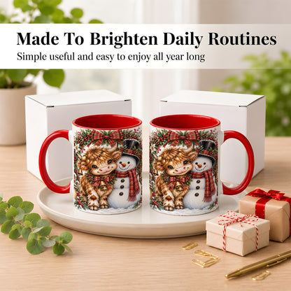 #pl[11oz|Red] Watercolor Highland Cow Coffee Mug, Snowman Mug, Ceramic Cup