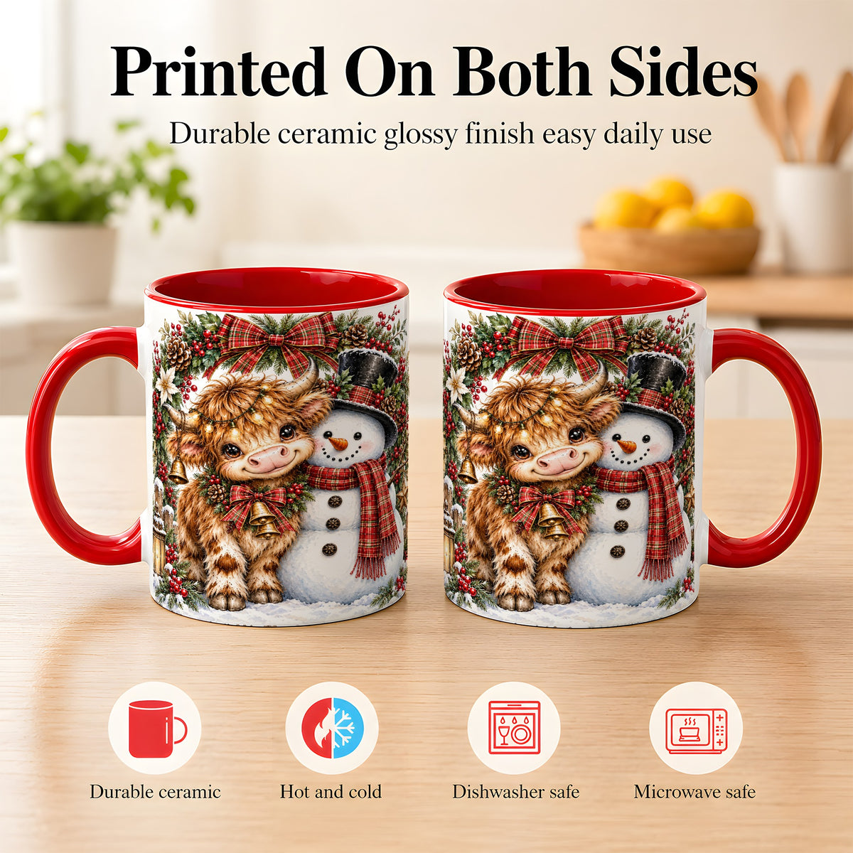 #pl[11oz|Red] Watercolor Highland Cow Coffee Mug, Snowman Mug, Ceramic Cup