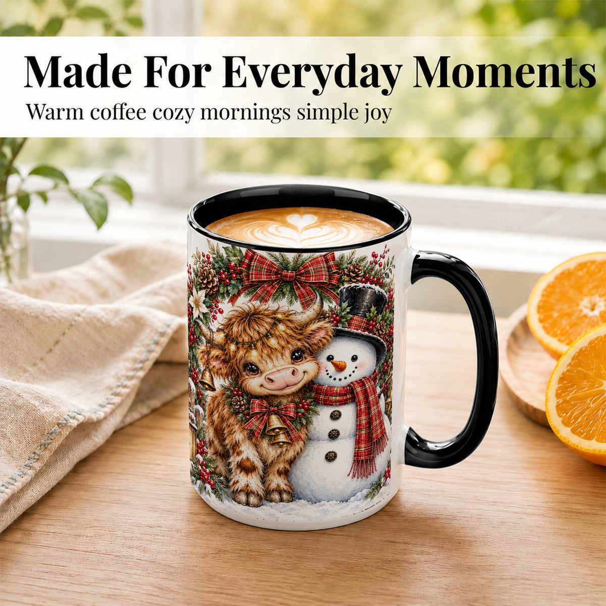 #pl[15oz|Black] Watercolor Highland Cow Coffee Mug, Snowman Mug, Ceramic Cup