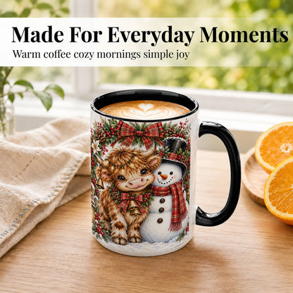 #pl[15oz|Black] Watercolor Highland Cow Coffee Mug, Snowman Mug, Ceramic Cup