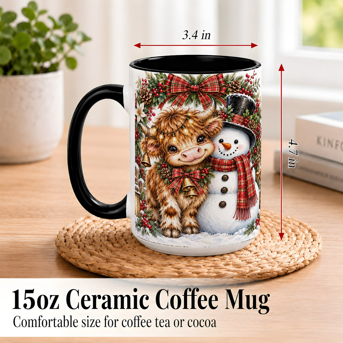 #pl[15oz|Black] Watercolor Highland Cow Coffee Mug, Snowman Mug, Ceramic Cup