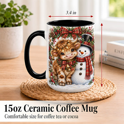 #pl[15oz|Black] Watercolor Highland Cow Coffee Mug, Snowman Mug, Ceramic Cup