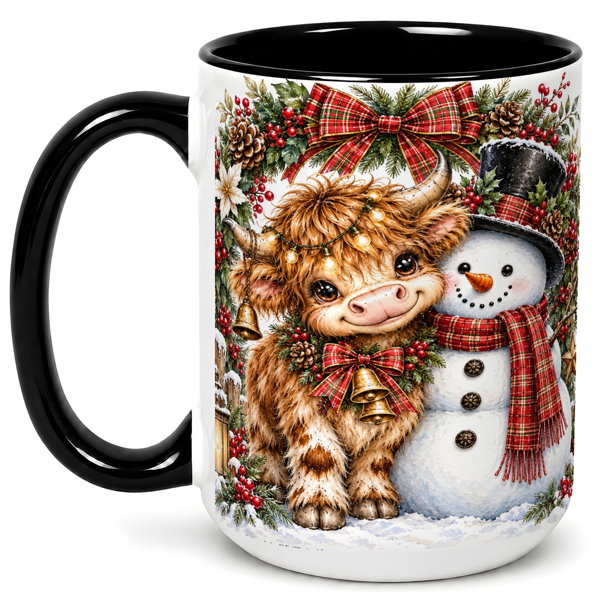 #pl[15oz|Black] Watercolor Highland Cow Coffee Mug, Snowman Mug, Ceramic Cup