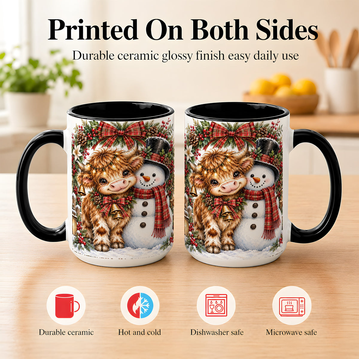 #pl[15oz|Black] Watercolor Highland Cow Coffee Mug, Snowman Mug, Ceramic Cup