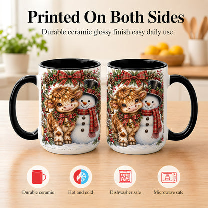 #pl[15oz|Black] Watercolor Highland Cow Coffee Mug, Snowman Mug, Ceramic Cup