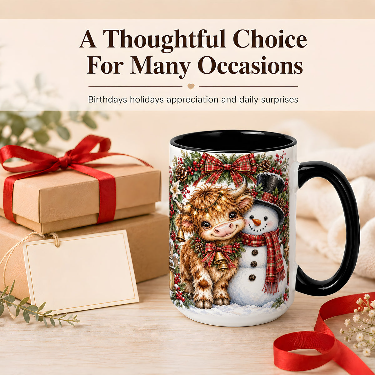 #pl[15oz|Black] Watercolor Highland Cow Coffee Mug, Snowman Mug, Ceramic Cup