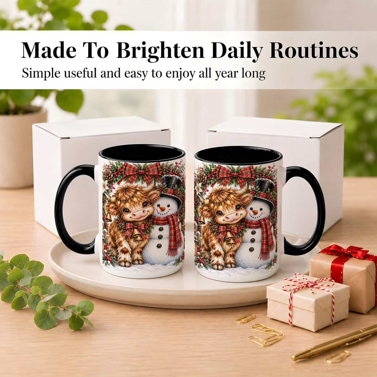 #pl[15oz|Black] Watercolor Highland Cow Coffee Mug, Snowman Mug, Ceramic Cup