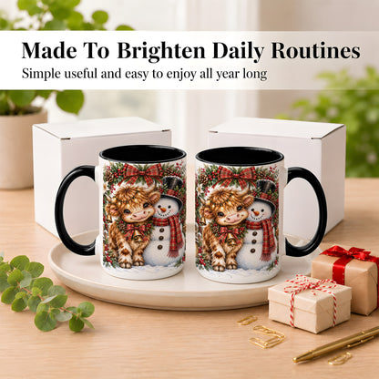 #pl[15oz|Black] Watercolor Highland Cow Coffee Mug, Snowman Mug, Ceramic Cup