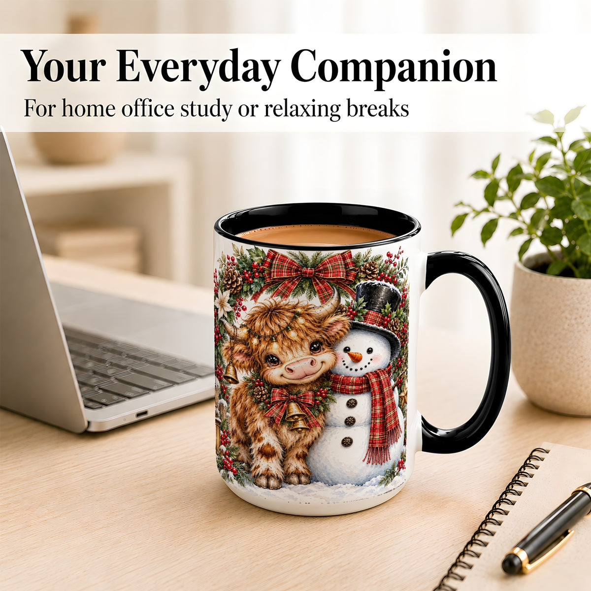 #pl[15oz|Black] Watercolor Highland Cow Coffee Mug, Snowman Mug, Ceramic Cup