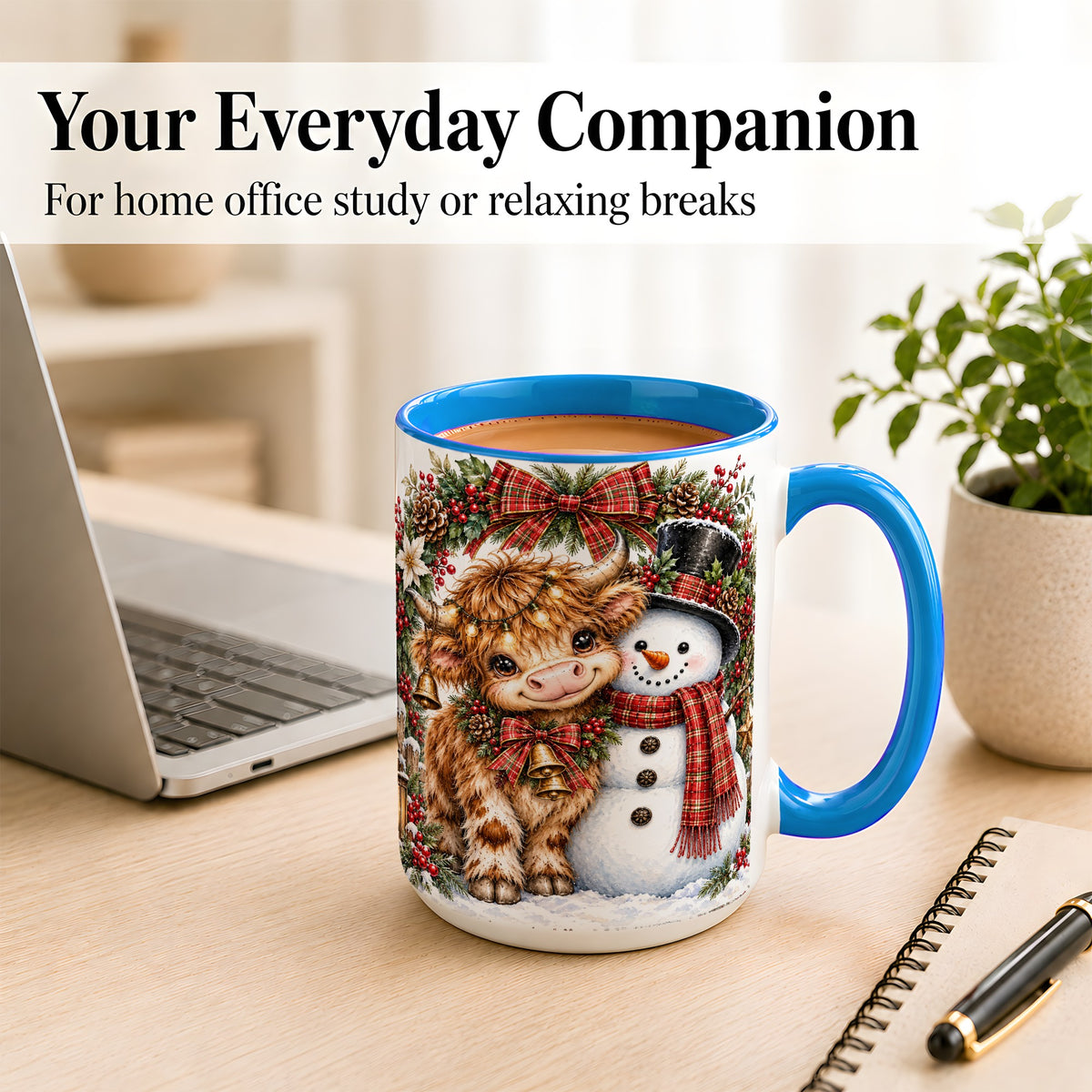 #pl[15oz|Blue] Watercolor Highland Cow Coffee Mug, Snowman Mug, Ceramic Cup