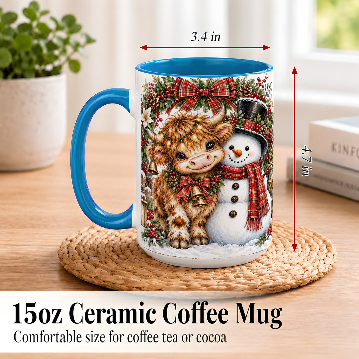 #pl[15oz|Blue] Watercolor Highland Cow Coffee Mug, Snowman Mug, Ceramic Cup