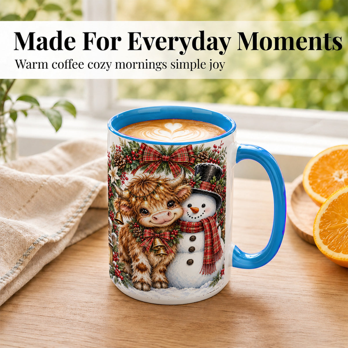 #pl[15oz|Blue] Watercolor Highland Cow Coffee Mug, Snowman Mug, Ceramic Cup
