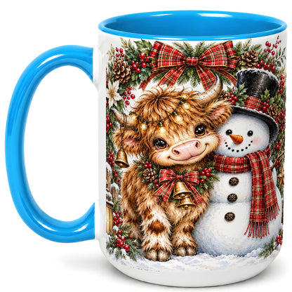 #pl[15oz|Blue] Watercolor Highland Cow Coffee Mug, Snowman Mug, Ceramic Cup