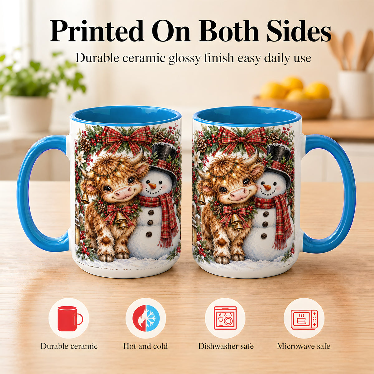 #pl[15oz|Blue] Watercolor Highland Cow Coffee Mug, Snowman Mug, Ceramic Cup