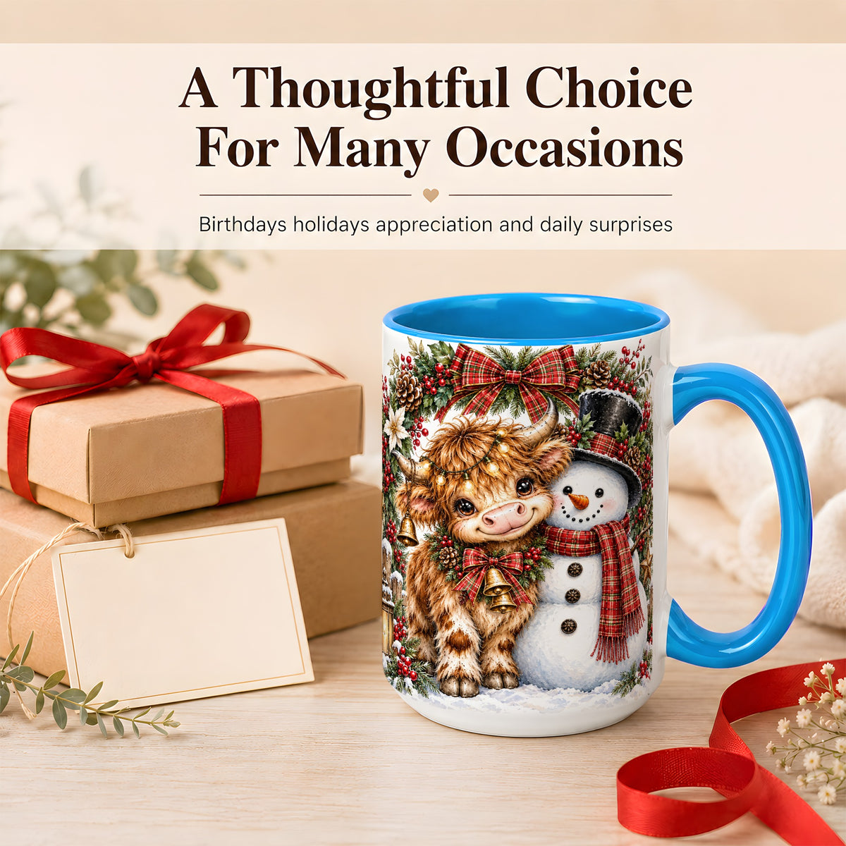 #pl[15oz|Blue] Watercolor Highland Cow Coffee Mug, Snowman Mug, Ceramic Cup