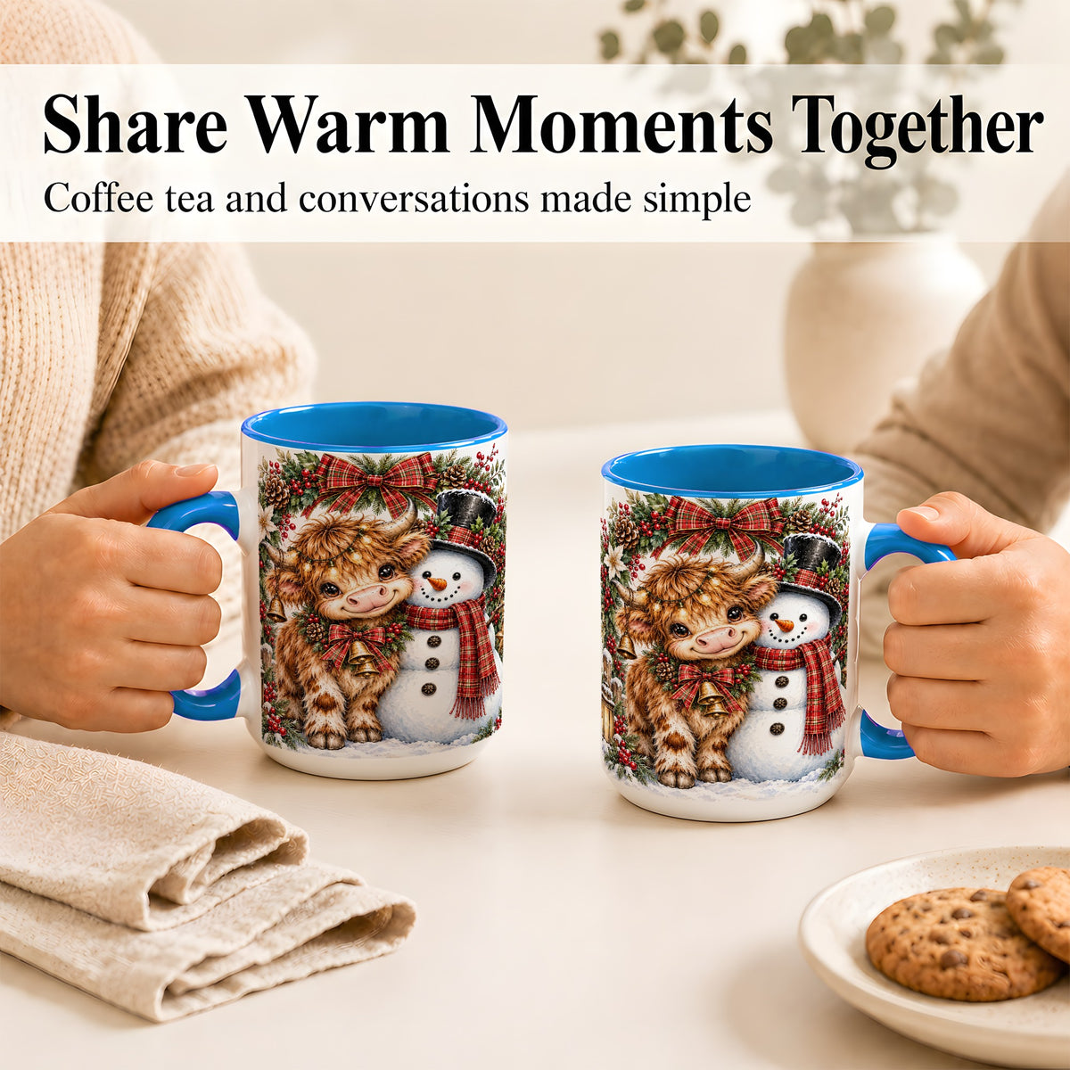 #pl[15oz|Blue] Watercolor Highland Cow Coffee Mug, Snowman Mug, Ceramic Cup
