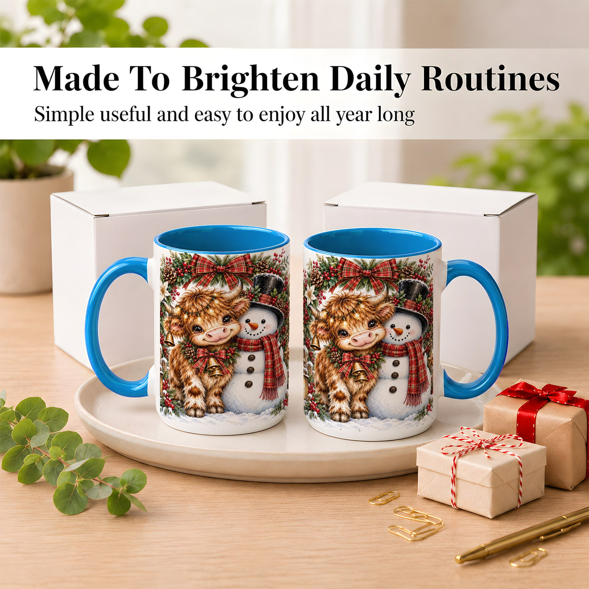 #pl[15oz|Blue] Watercolor Highland Cow Coffee Mug, Snowman Mug, Ceramic Cup
