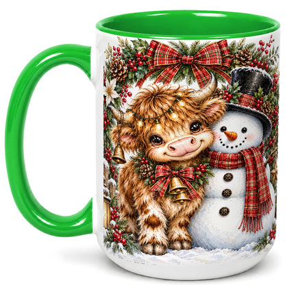 #pl[15oz|Green] Watercolor Highland Cow Coffee Mug, Snowman Mug, Ceramic Cup