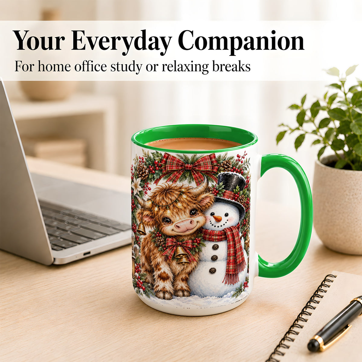 #pl[15oz|Green] Watercolor Highland Cow Coffee Mug, Snowman Mug, Ceramic Cup