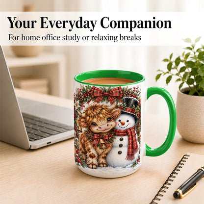 #pl[15oz|Green] Watercolor Highland Cow Coffee Mug, Snowman Mug, Ceramic Cup