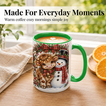 #pl[15oz|Green] Watercolor Highland Cow Coffee Mug, Snowman Mug, Ceramic Cup