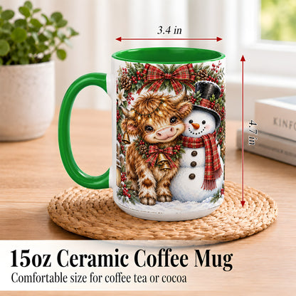#pl[15oz|Green] Watercolor Highland Cow Coffee Mug, Snowman Mug, Ceramic Cup