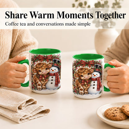#pl[15oz|Green] Watercolor Highland Cow Coffee Mug, Snowman Mug, Ceramic Cup