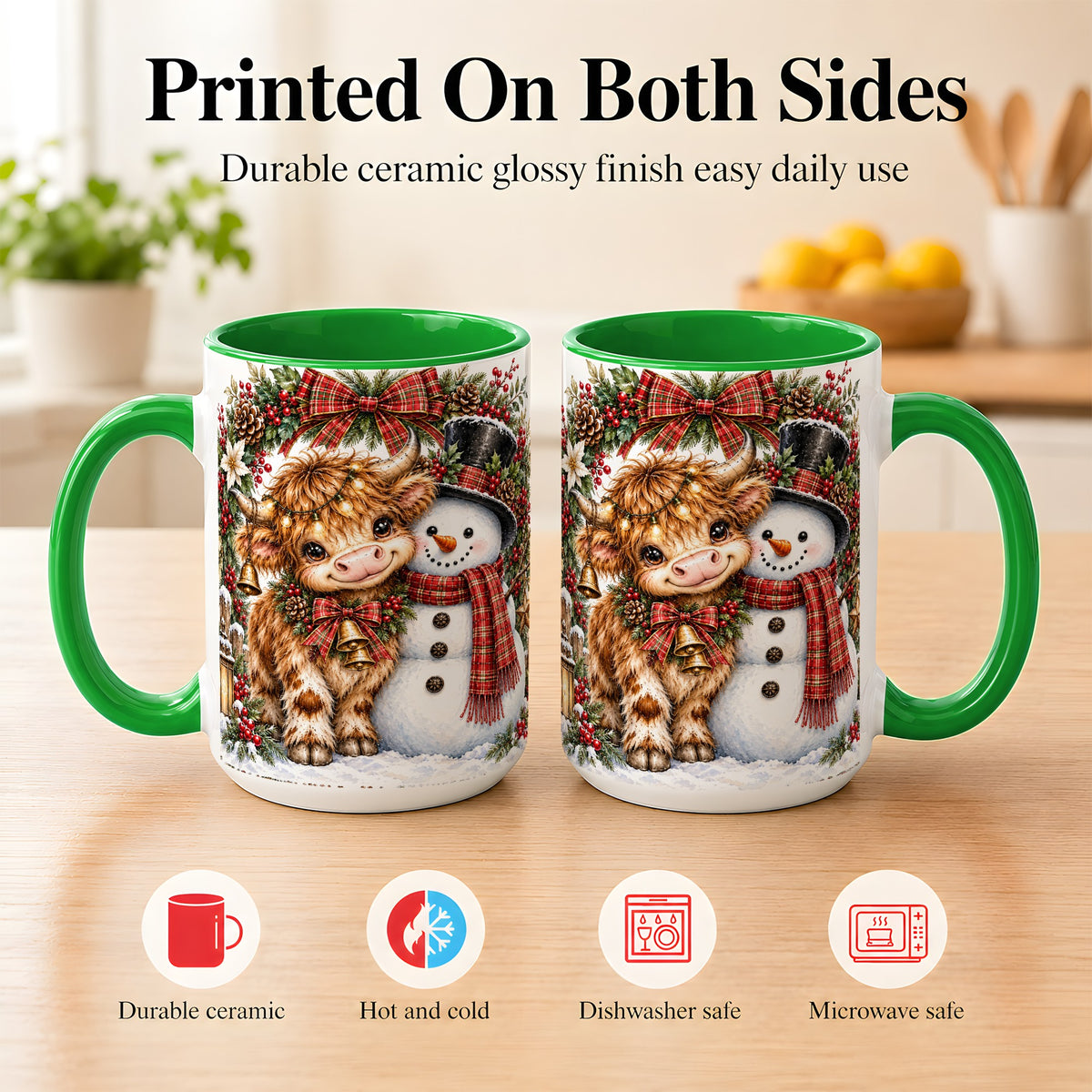 #pl[15oz|Green] Watercolor Highland Cow Coffee Mug, Snowman Mug, Ceramic Cup