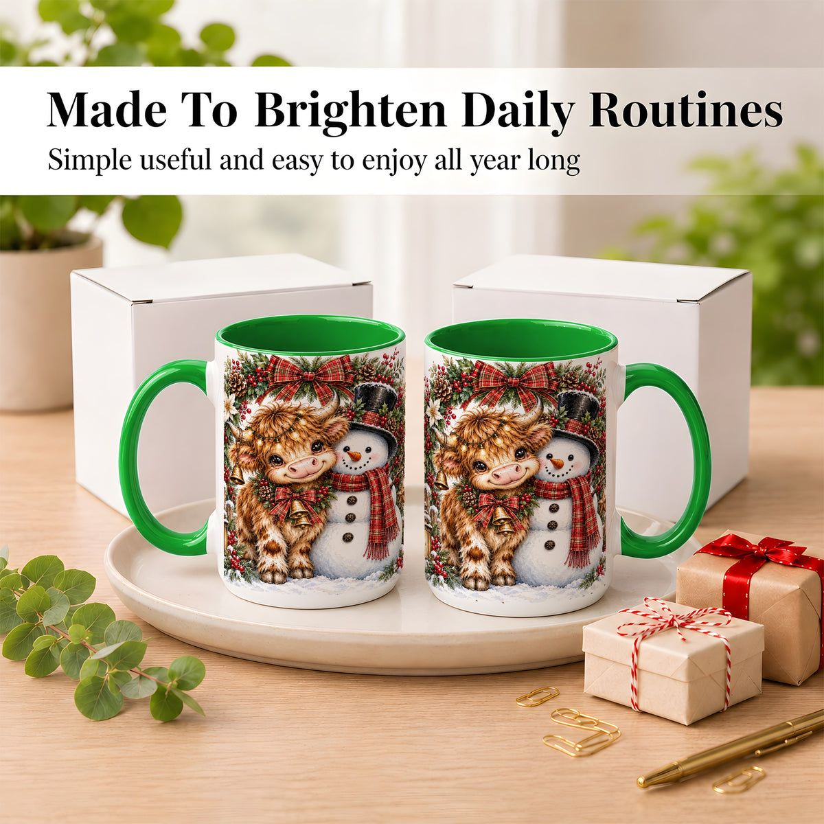#pl[15oz|Green] Watercolor Highland Cow Coffee Mug, Snowman Mug, Ceramic Cup