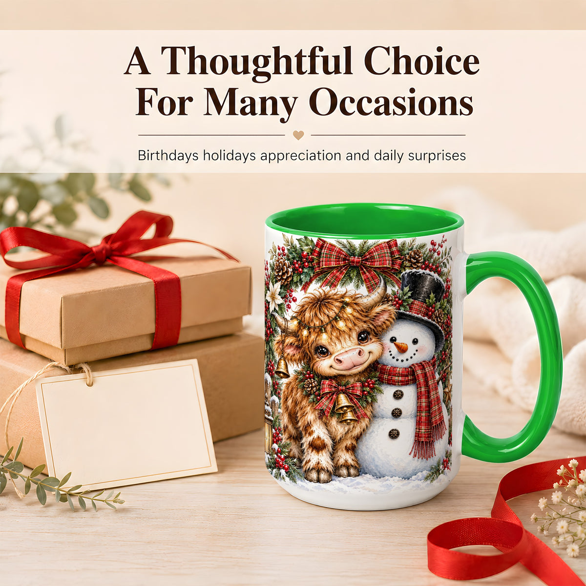 #pl[15oz|Green] Watercolor Highland Cow Coffee Mug, Snowman Mug, Ceramic Cup