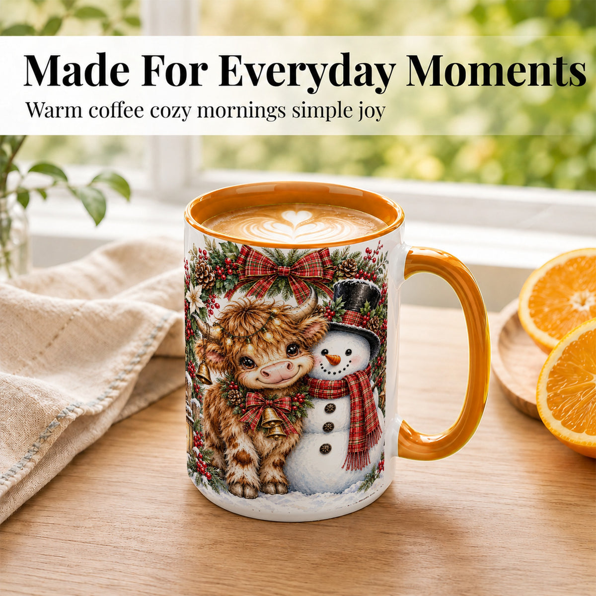 #pl[15oz|Orange] Watercolor Highland Cow Coffee Mug, Snowman Mug, Ceramic Cup