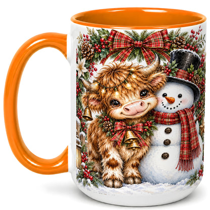#pl[15oz|Orange] Watercolor Highland Cow Coffee Mug, Snowman Mug, Ceramic Cup
