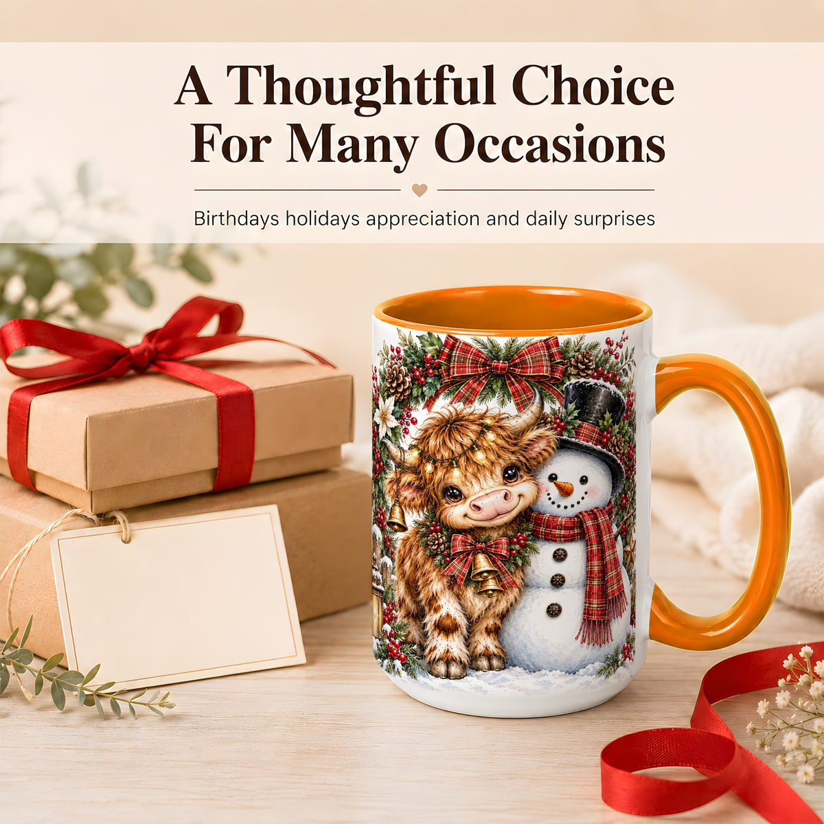 #pl[15oz|Orange] Watercolor Highland Cow Coffee Mug, Snowman Mug, Ceramic Cup