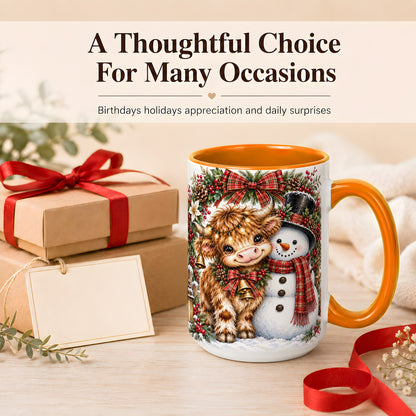 #pl[15oz|Orange] Watercolor Highland Cow Coffee Mug, Snowman Mug, Ceramic Cup