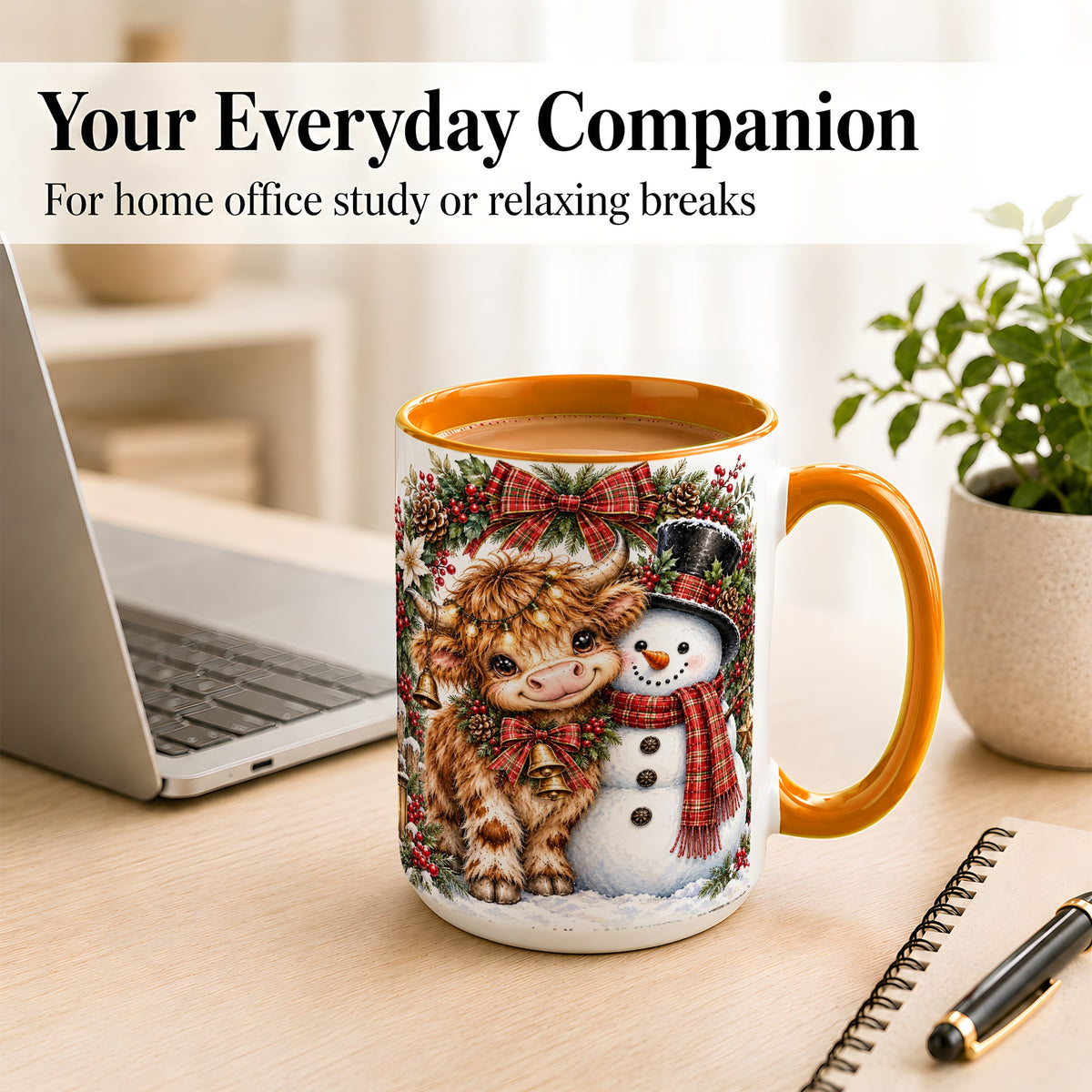 #pl[15oz|Orange] Watercolor Highland Cow Coffee Mug, Snowman Mug, Ceramic Cup