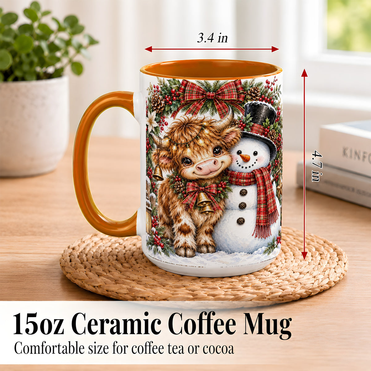 #pl[15oz|Orange] Watercolor Highland Cow Coffee Mug, Snowman Mug, Ceramic Cup