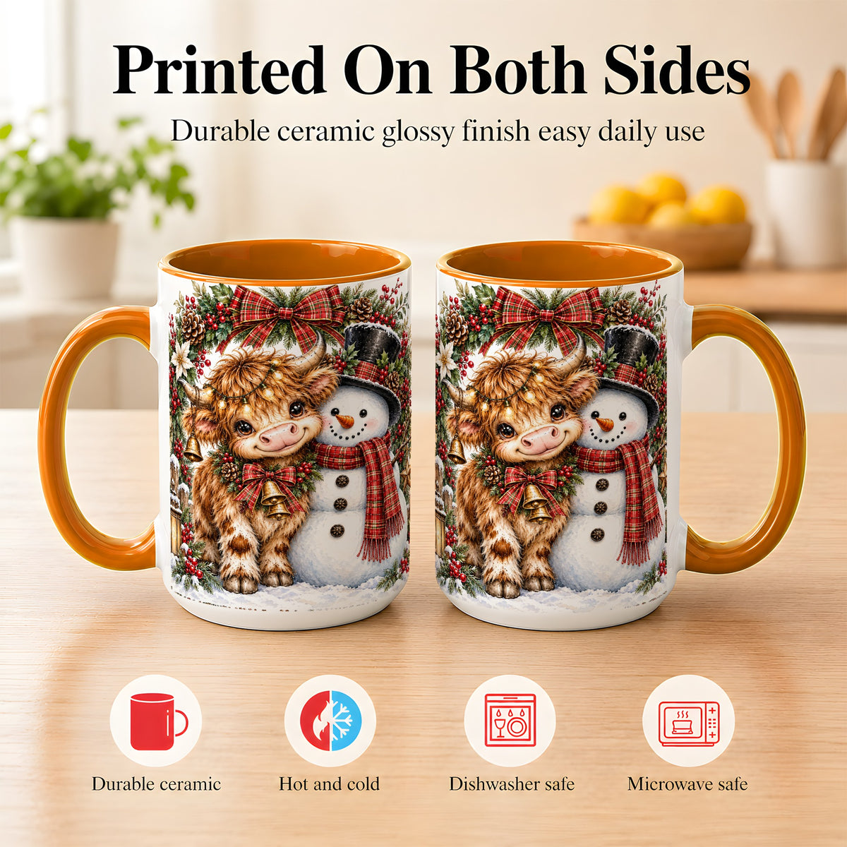 #pl[15oz|Orange] Watercolor Highland Cow Coffee Mug, Snowman Mug, Ceramic Cup