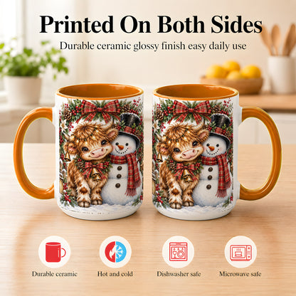#pl[15oz|Orange] Watercolor Highland Cow Coffee Mug, Snowman Mug, Ceramic Cup