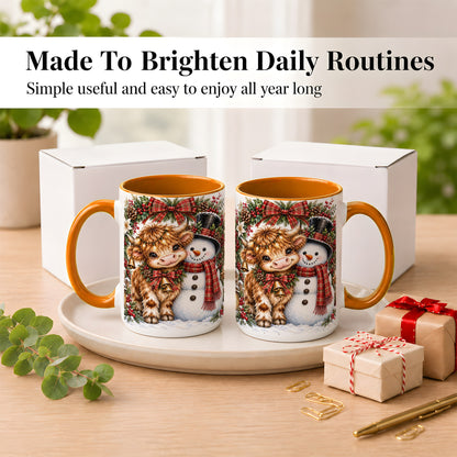 #pl[15oz|Orange] Watercolor Highland Cow Coffee Mug, Snowman Mug, Ceramic Cup