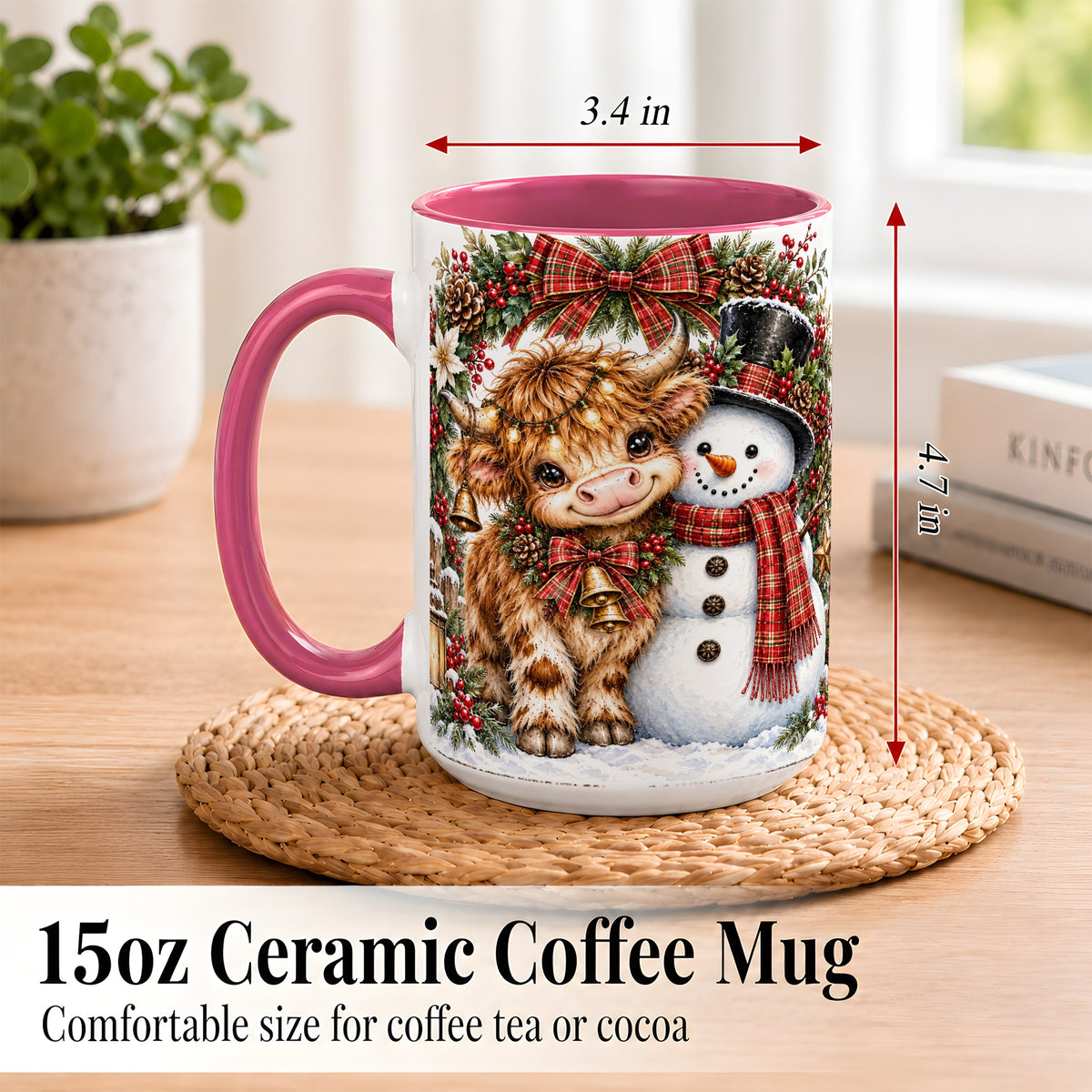 #pl[15oz|Pink] Watercolor Highland Cow Coffee Mug, Snowman Mug, Ceramic Cup