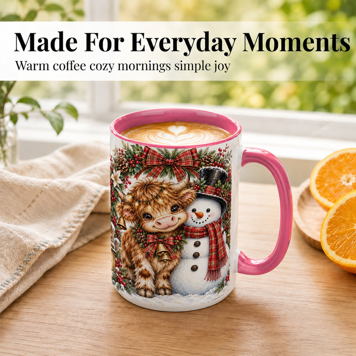 #pl[15oz|Pink] Watercolor Highland Cow Coffee Mug, Snowman Mug, Ceramic Cup