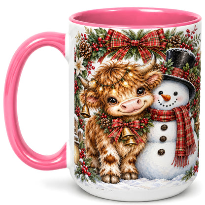 #pl[15oz|Pink] Watercolor Highland Cow Coffee Mug, Snowman Mug, Ceramic Cup