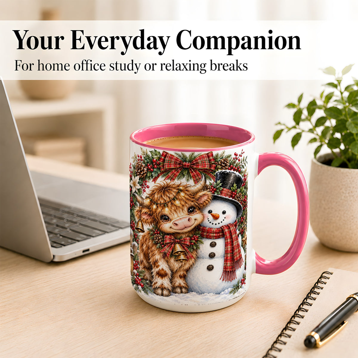 #pl[15oz|Pink] Watercolor Highland Cow Coffee Mug, Snowman Mug, Ceramic Cup