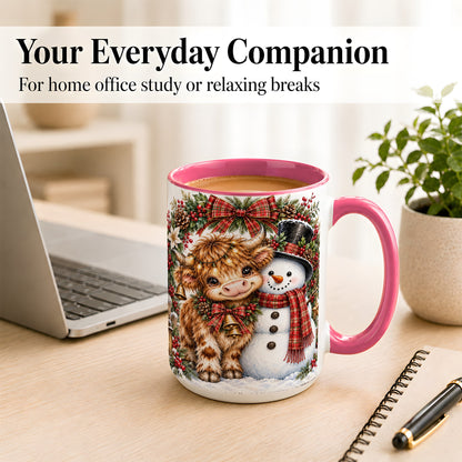 #pl[15oz|Pink] Watercolor Highland Cow Coffee Mug, Snowman Mug, Ceramic Cup