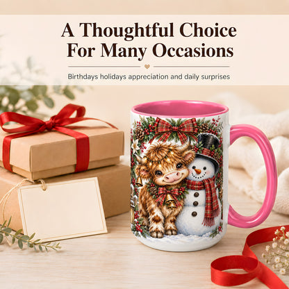 #pl[15oz|Pink] Watercolor Highland Cow Coffee Mug, Snowman Mug, Ceramic Cup
