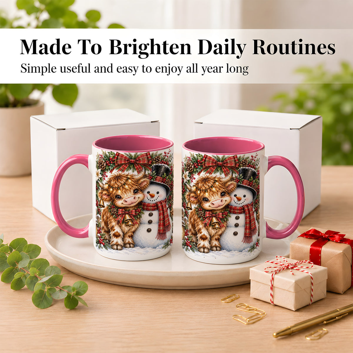 #pl[15oz|Pink] Watercolor Highland Cow Coffee Mug, Snowman Mug, Ceramic Cup