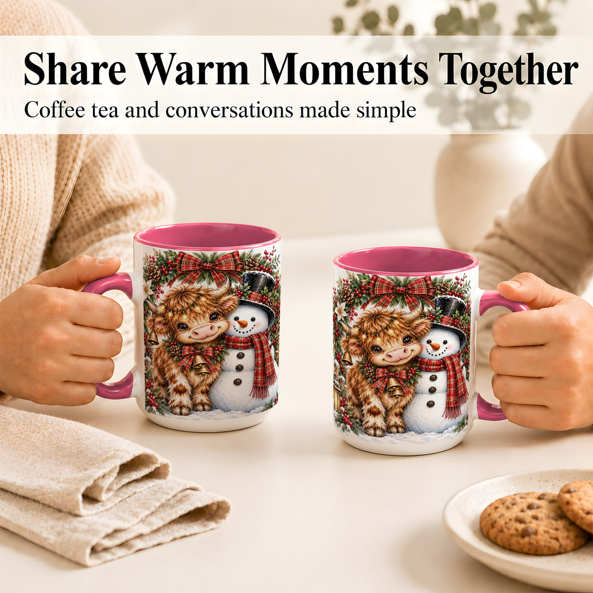 #pl[15oz|Pink] Watercolor Highland Cow Coffee Mug, Snowman Mug, Ceramic Cup