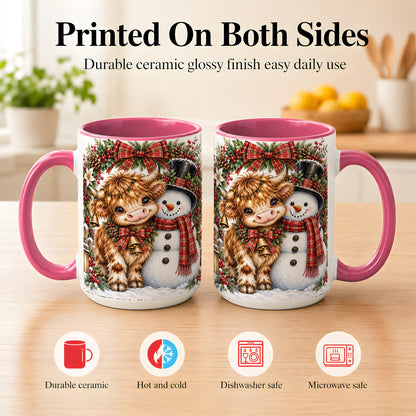 #pl[15oz|Pink] Watercolor Highland Cow Coffee Mug, Snowman Mug, Ceramic Cup