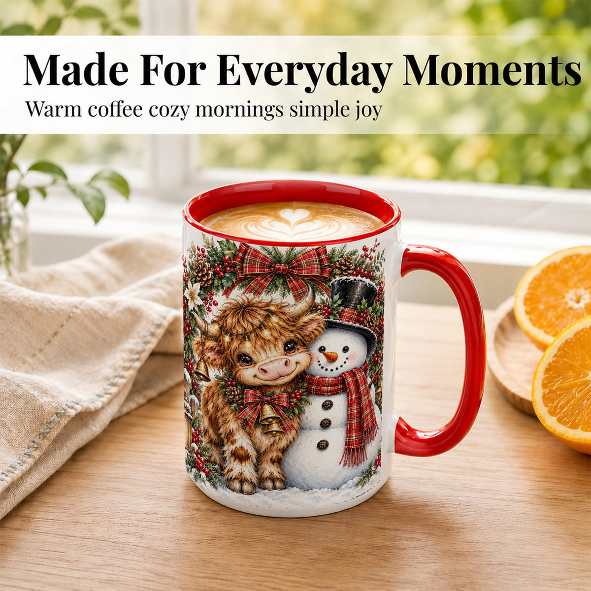 #pl[15oz|Red] Watercolor Highland Cow Coffee Mug, Snowman Mug, Ceramic Cup