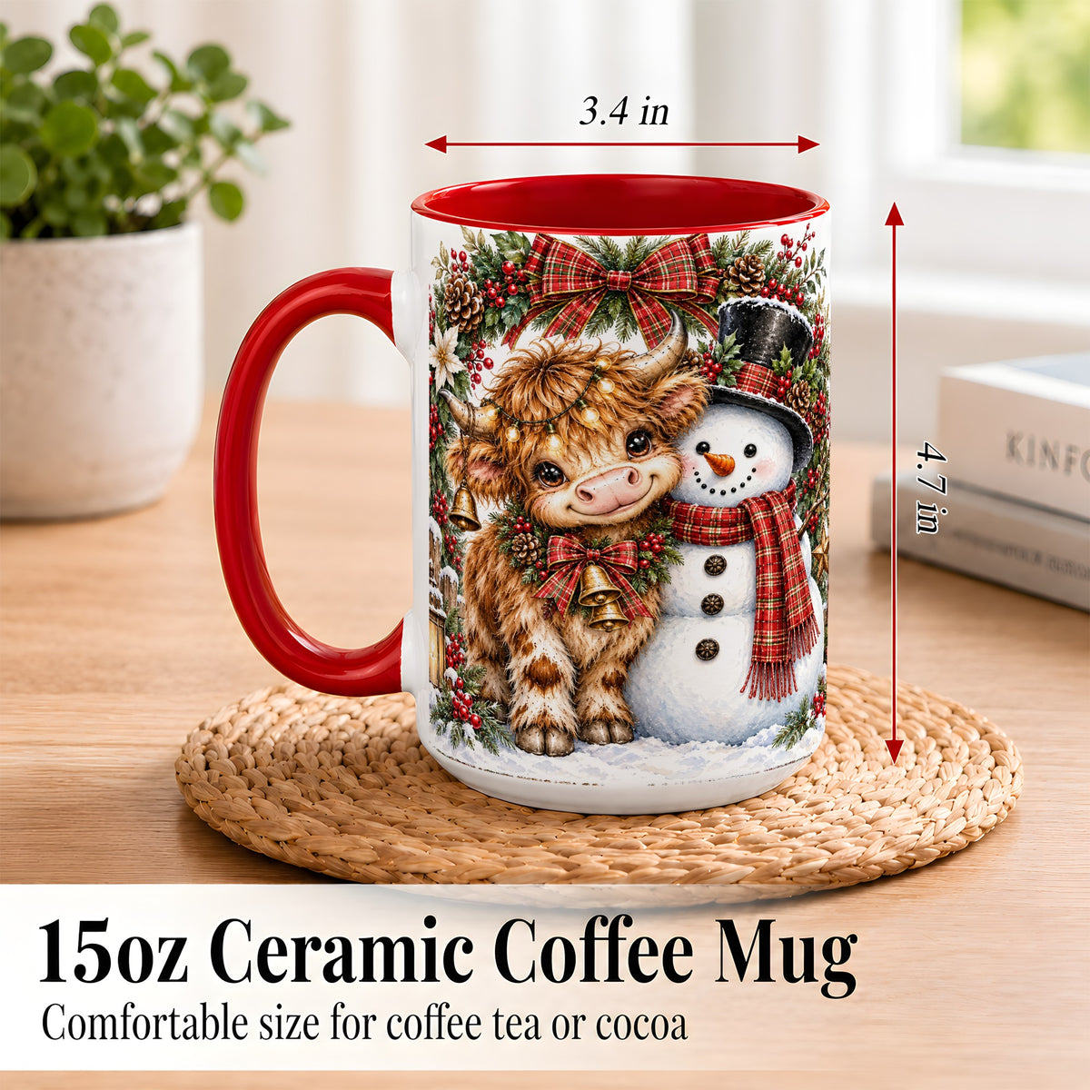#pl[15oz|Red] Watercolor Highland Cow Coffee Mug, Snowman Mug, Ceramic Cup